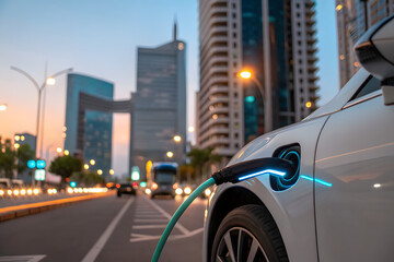 White Electric Vehicle Charging on City Street at Dusk