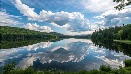 Obraz premium Serene lake scene featuring reflections of blue sky, fluffy clouds, and lush green mountains on the calm water surface.