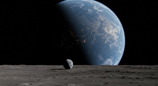 View from an Alien Moon: Earth's Glow and a Crescent World on the Horizon