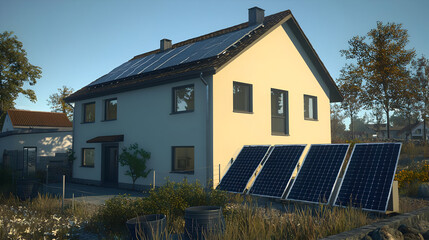 Obraz premium Modern house with solar panels on the roof, situated in a residential area. Front yard with plants and a small paved area