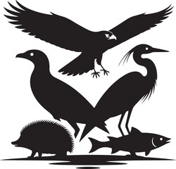 Flying bird silhouettes vector set, including eagle, crow, raven, and hawk illustrations