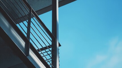 Obraz premium Modern metal balcony railing gleaming against azure sky, highlighting architectural minimalism with sleek, geometric lines and urban design sophistication