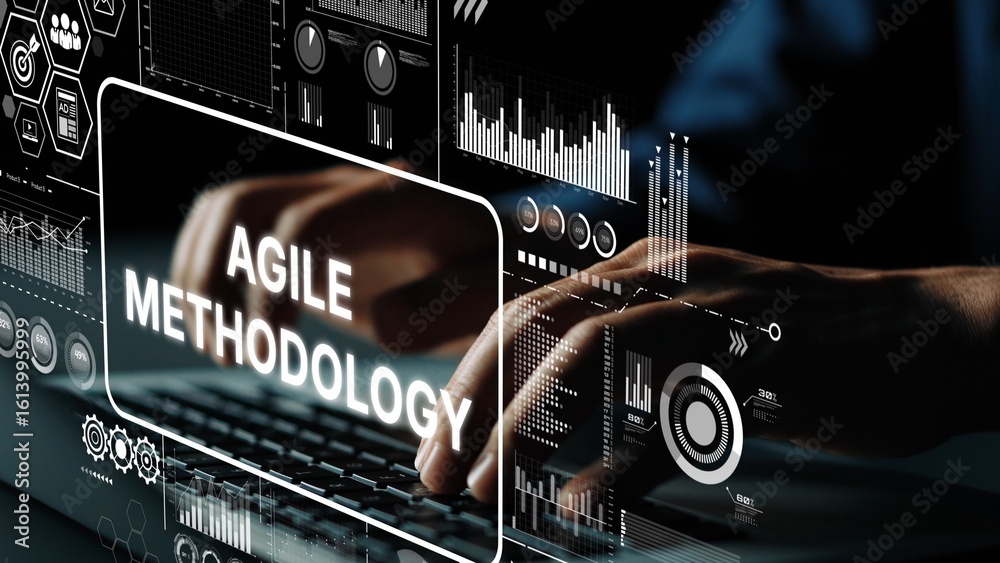 Poster innovative agile methodology concept with graphic data visualizations and keyboard interaction in mo