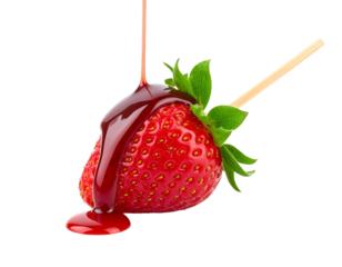 Morango do amor, com calda vermelha caindo sobre ele, fundo e base branca, morango com folhas e cabo de madeira simulando uma maça do amor. Fundo transparente