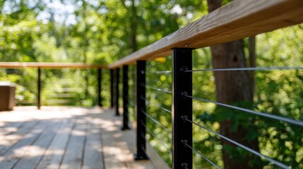 Fototapeta premium Wooden deck basking in sunlight, modern cable railing blending interior comfort with verdant forest landscape, showcasing architectural harmony with natural surroundings