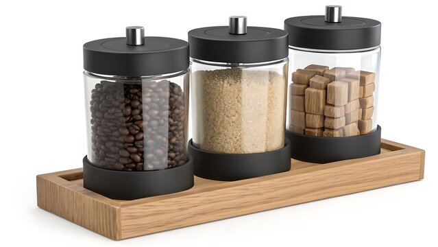 Stylish glass jars with black lids filled with coffee beans, sugar, and wooden cubes on a wooden tray. - Powered by Adobe