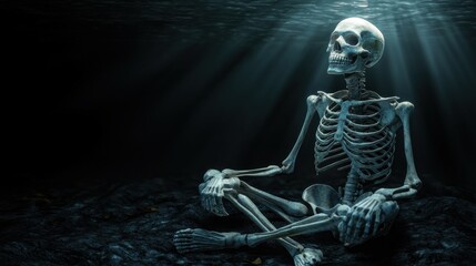 A skeletal figure sits in a meditative pose, illuminated by underwater light.