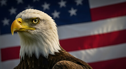 Naklejka premium Majestic Bald Eagle Profile Against Blurred American Flag: Patriotism, Freedom, and National Pride.