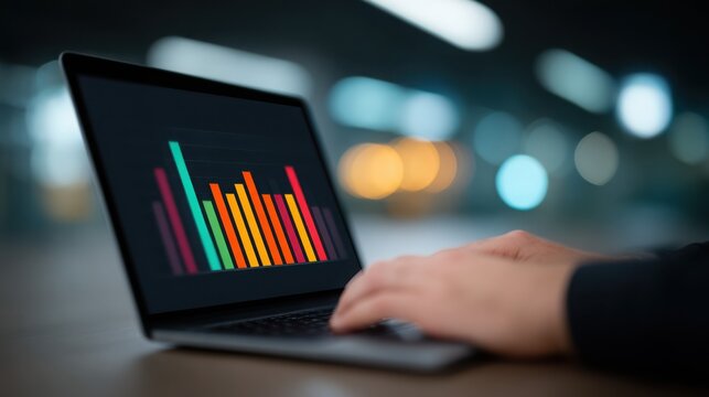 A laptop screen shows a graph with a person typing on it