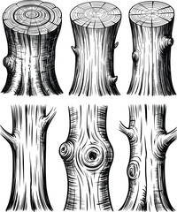 Tree Trunks and Stumps Set with Bark Texture and Wood Grain Engraving.