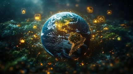 Earth icons global concept illuminated pictures