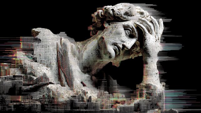 deconstructed marble statue dissolving into pixel noise and data corruption, glitch art overlay creating eerie beauty from decay, modern digital vandalism 