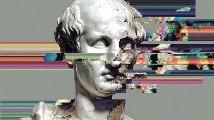 fragmented classical bust with glitch distortion and eroding pixels, broken digital layers revealing futuristic decay, contemporary vandalism art style 