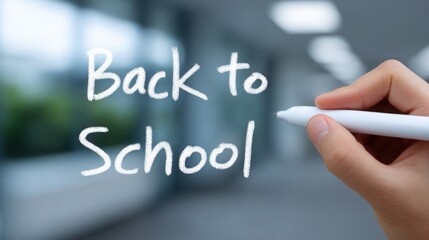 A hand is writing the word "back to school" on a chalkboard