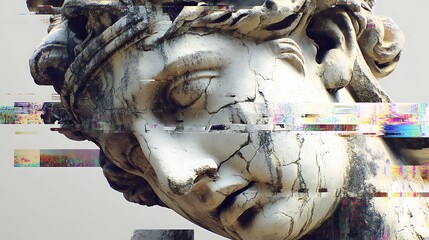 ancient stone sculpture crumbling with digital glitch effects, pixelated cracks and distorted fragments, blending classical art with digital decay, cyber vandalism aesthetic 