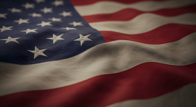 Close-up of a waving American flag, textured fabric, patriotic and somber mood, national pride, deep red and blue tones, high-resolution image. - Powered by Adobe