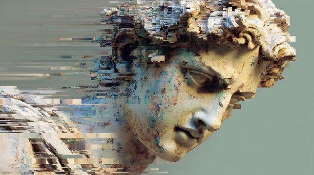 broken statue shattered by digital glitches, fragmented pixels cascading down eroding form, glitch art meets ancient sculpture, abstract contemporary decay 