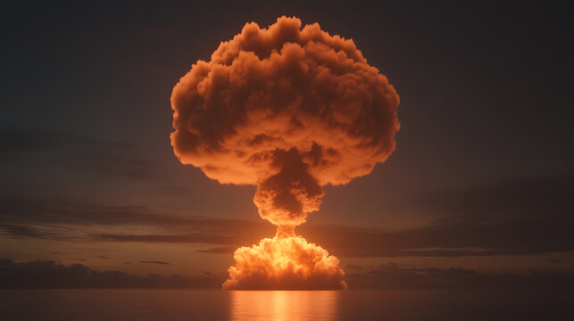A dramatic mushroom cloud rises over calm waters, reflecting the warm light of a powerful explosion against a twilight sky. Intense and awe-inspiring.