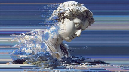 deconstructed marble statue dissolving into pixel noise and data corruption, glitch art overlay creating eerie beauty from decay, modern digital vandalism 