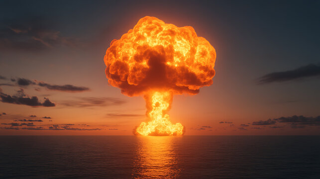 Dramatic mushroom cloud dominates the horizon over the ocean, creating a vivid contrast with the sunset sky. A striking image of potential destruction.