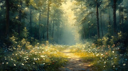 Obraz premium Sunlit path through a peaceful forest