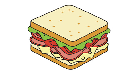 Isometric Sandwich Illustration with Ham Cheese Lettuce and Tomato on White Bread