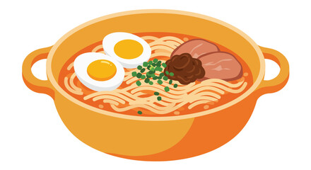 Delicious ramen bowl with eggs meat and green onions illustration
