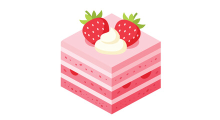 Isometric Strawberry Cake Slice with Cream Topping and Berry Decoration