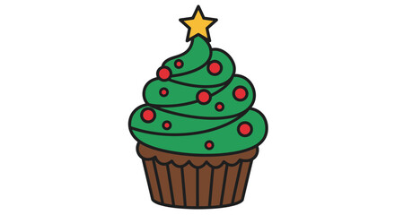 Christmas Tree Cupcake Illustration with Star Topper and Red Ornaments
