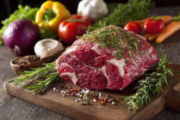 Raw Prime Rib Grass-Fed Meat Surrounded by Fresh Herbs and Vibrant Vegetables