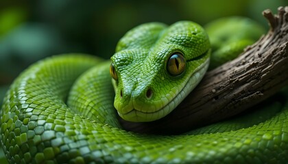 Fototapeta premium Close-up of a coiled green tree python on a branch