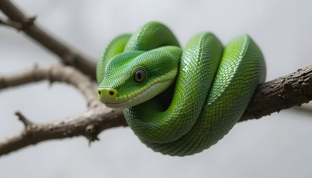 Close-up of a coiled green tree python on a branch