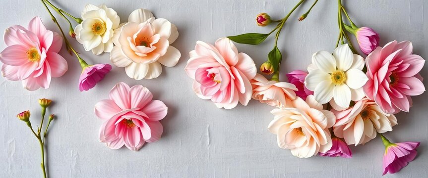 Fototapeta Delicate white and pink blooms arranged on a soft gray backdrop Flat lay,  pastel,   floral photography