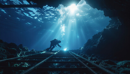Sunlight streams into an underwater cave as a scuba diver explores mysterious submerged railway tracks.