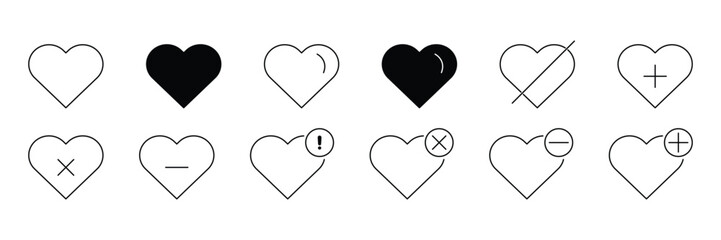 Heart symbol outline icon set for love reaction feedback favorite emotion interface in minimal style vector illustration for UI.
