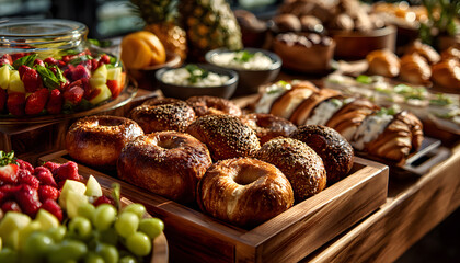 Office catering provides fresh fruit, bagels, and pastries for corporate events. This spread promotes collaboration and employee well-being with healthy buffet selection for meetings and conferences.