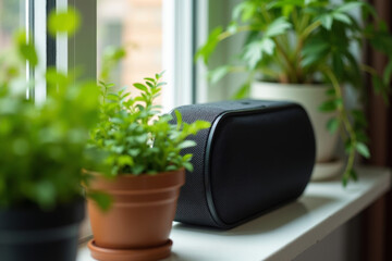 Black wireless speaker surrounded by vibrant green houseplants on a sun-drenched windowsill.