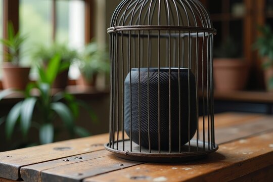 Detailed shot of a black speaker nestled in an antique birdcage on a weathered wooden surface. - Powered by Adobe