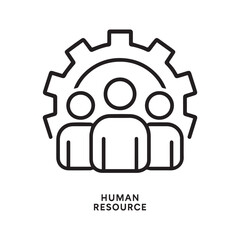 Human Resources Management Icon Depicting a Gear with People Emphasizing Teamwork and Organizational Efficiency in a Simple Black Line Style