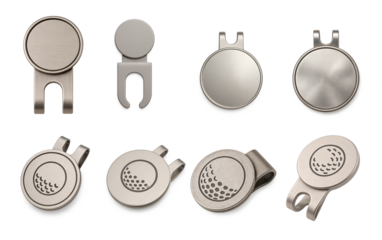 Set of metal golf clip markers isolated on transparent background; shiny and matte golf clip markers with engraved ball patterns shown in isolated set for sports gear or golf accessory visuals