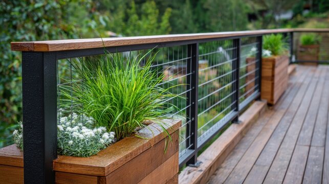 Sleek wooden deck railing complementing metal elements, adorned with green potted plants, enhancing contemporary outdoor living with sophisticated design and natural warmth