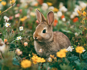 Cute Brown Baby Rabbit Sitting in a Field of Colorful Spring Flowers