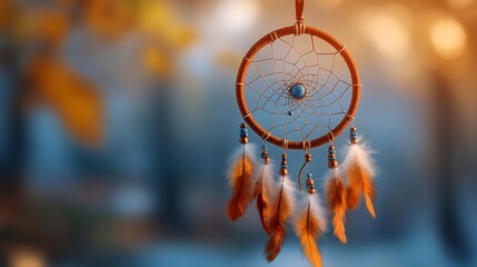 Dream catcher hanging with orange and white feathers and blue gemstone