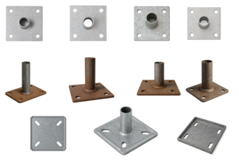 Set of scaffolding base plates isolated on transparent background; metal square plates with welded pipe sleeves shown in isolated set for construction, support or industrial hardware concepts