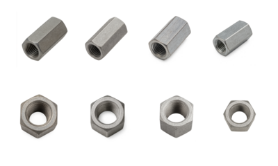 Set of metal coupling nuts isolated on transparent background; hexagonal threaded fasteners in different sizes and angles shown in isolated set for construction machinery or hardware connection themes