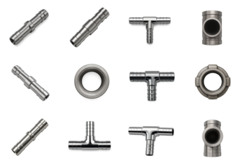 Set of chrome pipe fittings isolated on transparent background; T-connectors and straight couplings in various views shown in clean isolated set for plumbing, repair or industrial design visuals