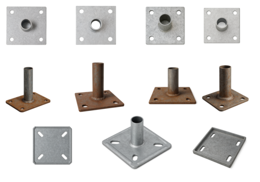 Set of scaffolding base plates isolated on transparent background; metal square plates with welded pipe sleeves shown in isolated set for construction, support or industrial hardware concepts