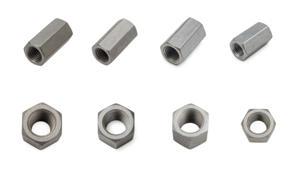 Set of metal coupling nuts isolated on transparent background; hexagonal threaded fasteners in different sizes and angles shown in isolated set for construction machinery or hardware connection themes