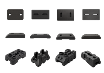 Set of black safety barrier bases made of molded heavy-duty plastic; each barrier base isolated on white background and designed for traffic or event control, urban infrastructure concept