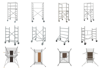 Collection of aluminum mobile scaffolds with lockable wheels safety railings for indoor or outdoor construction; scaffold tower structures in various perspectives showing frames, casters platforms